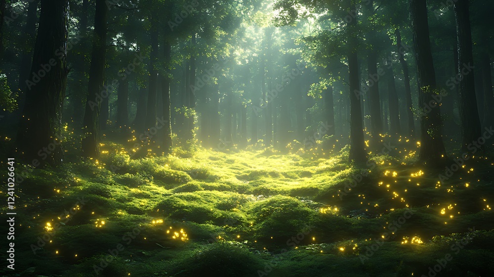 Obraz premium Magical forest path, glowing fireflies, sunlit, moss