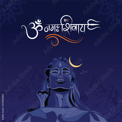 Happy maha shivaratri celebration concept with character of lord shiva over mountain against blue om namah shivaya hindi text