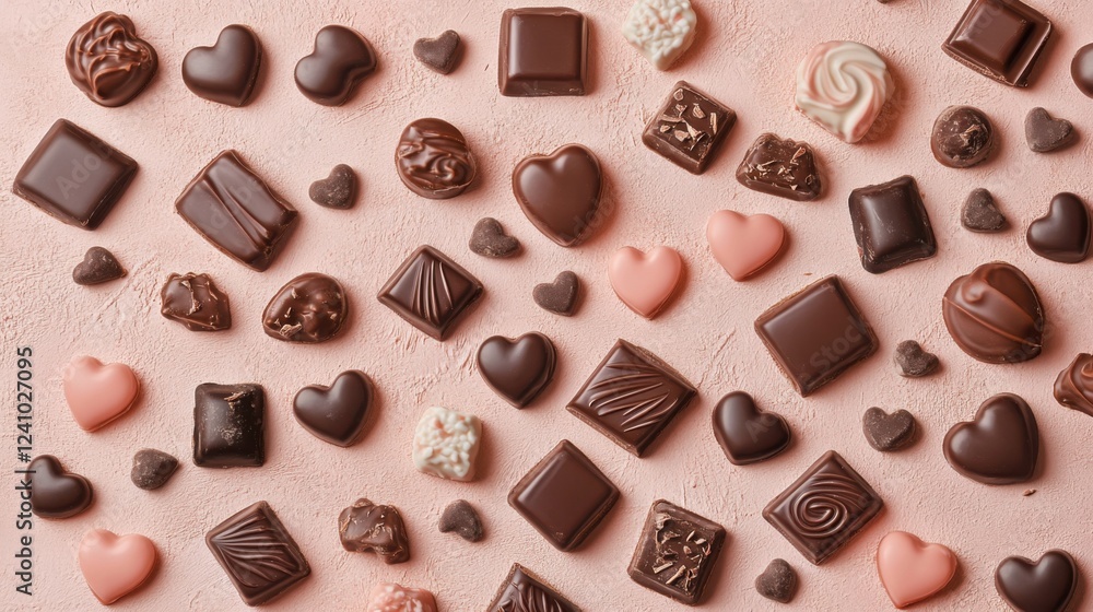 Fototapeta premium A Symphony of Hearts: A Delightful Collection of Exquisite Chocolate Hearts, Beautifully Displayed on a Pastel Pink Surface, Creating a Scene of Pure Romance and Sweet Indulgence