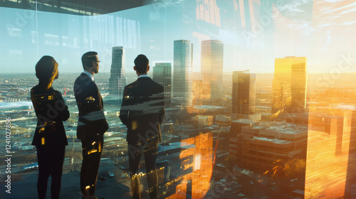 Dynamic meeting of business leaders overlooking city skyline at sunset, reflecting innovation and collaboration in modern office environment