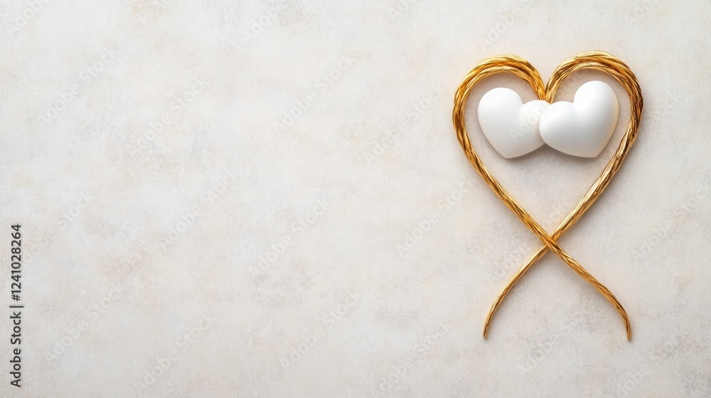 Fototapeta premium Elegant intertwined golden and silver hearts on a soft ivory canvas background Romantic minimalist design with a sophisticated luxurious feel