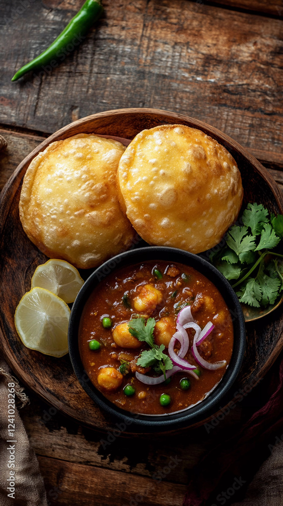 Top view of aloo ki sabji with puri, indian breakfast Top view of aloo ki sabji with puri, indian breakfast
