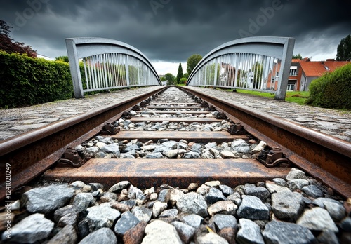 Low angle view of railroad tracks extending into the distance under a dramatic sky. Gray metal bridge arches over the tracks.  The tracks are set in photo