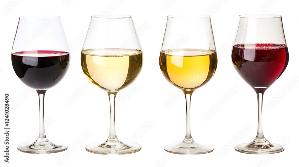four Different kinds of wine in wine glasses isolated on transparent background four Different kinds of wine in wine glasses isolated on transparent background