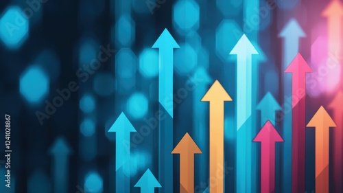 An abstract image featuring colorful upward arrows against a blurred blue background, symbolizing growth and progress.