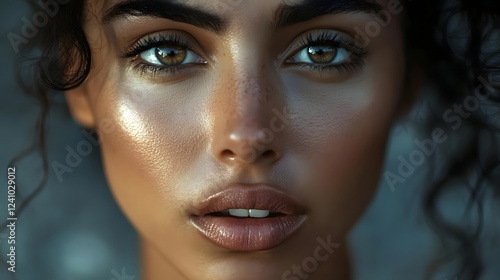 Wallpaper Mural Close-up portrait of a young woman with glowing skin and expressive eyes against a blurred background Torontodigital.ca