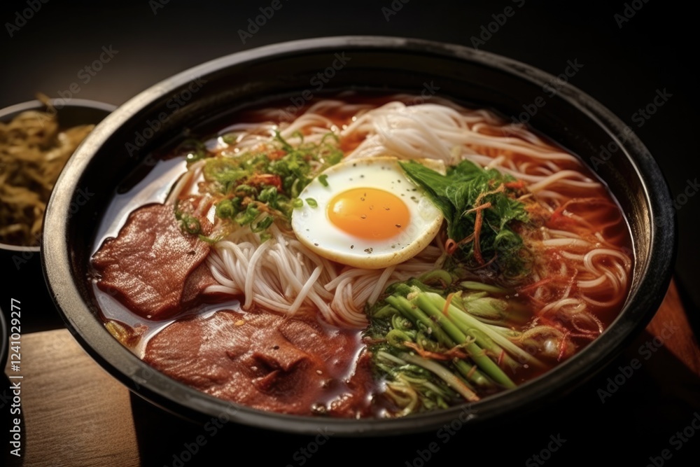 Delicious Korean Mul Naengmyeon soup in a bowl with meat and kimchi on the side. Perfect meal for an authentic Korean eatery experience Delicious Korean Mul Naengmyeon soup in a bowl with meat and kimchi on the side. Perfect meal for an authentic Korean eatery experience