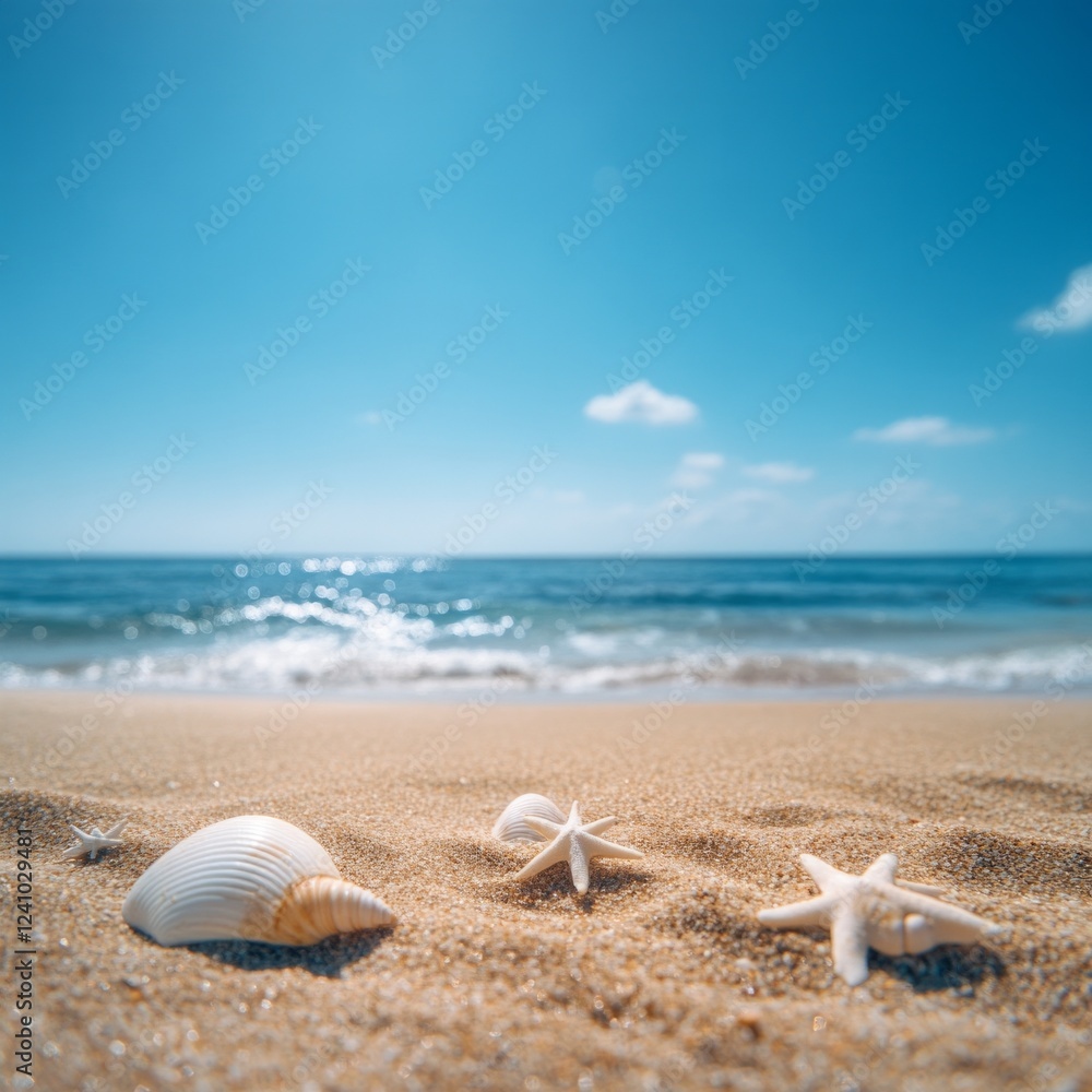 Seashells and starfish on a sunny beach with sparkling ocean waves Seashells and starfish on a sunny beach with sparkling ocean waves