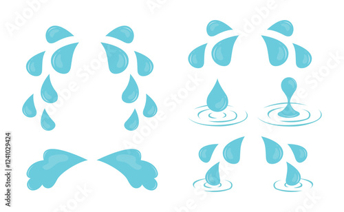 Tear water vector, cartoon puddle, cry drop, blue rain stream isolated on white background.