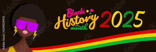 Black history month 2025 horizontal banner with afro American woman face isolated on black background. Black history month poster, flyer, background with pretty african modern girl with sunglasses