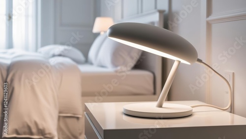 Cozy bedside scene with a modern lamp, soft warm lighting, and a neatly arranged bed.