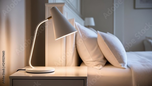 Cozy bedside scene with a modern lamp, soft warm lighting, and a neatly arranged bed.
