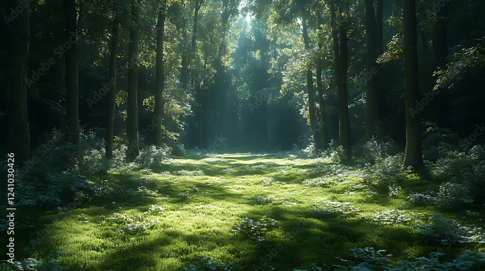 Obraz premium Sunlit Forest Path, Mossy Ground, Mystical Woods, Nature Background, Game Design