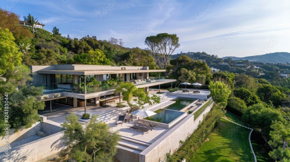 Fototapeta premium aerial corner view of a mansion located in malibu. Thick concrete elements. 