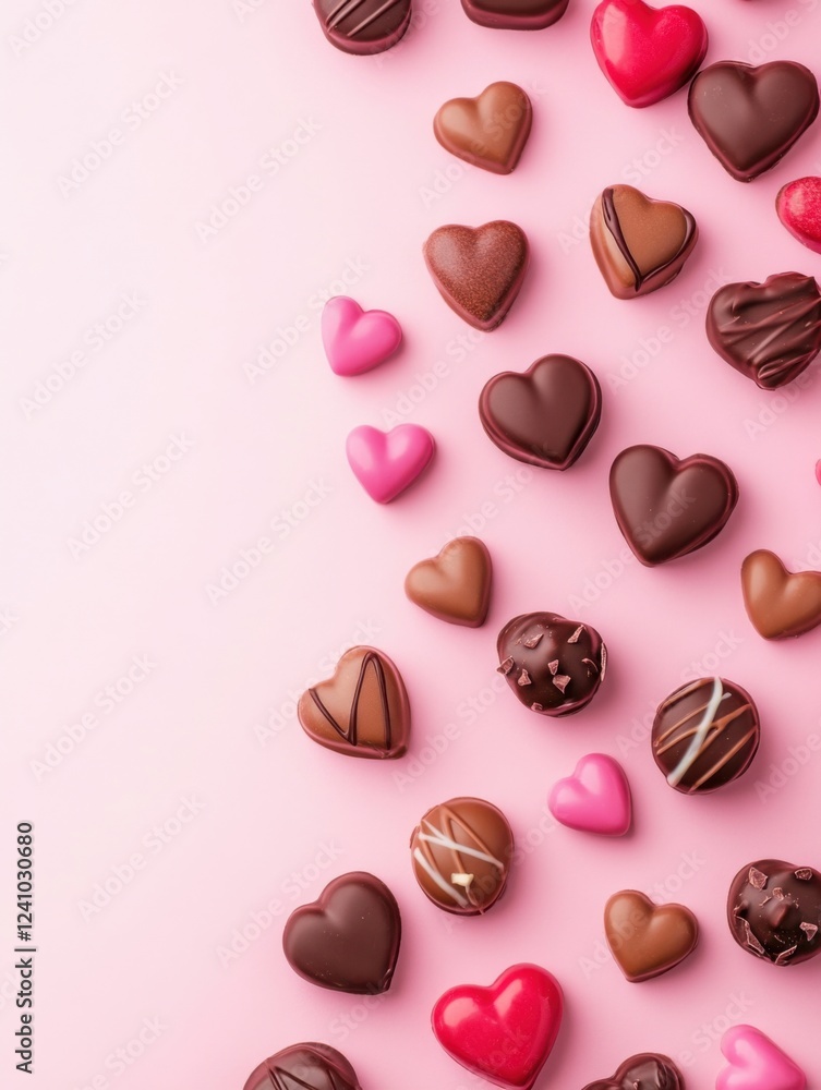 A Symphony of Hearts: A Delightful Collection of Exquisite Chocolate Hearts, Beautifully Displayed on a Pastel Pink Surface, Creating a Scene of Pure Romance and Sweet Indulgence A Symphony of Hearts: A Delightful Collection of Exquisite Chocolate Hearts, Beautifully Displayed on a Pastel Pink Surface, Creating a Scene of Pure Romance and Sweet Indulgence