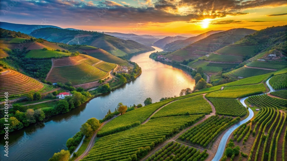 Fototapeta premium Aerial view of vineyards along the Duoro River in Portugal's Duoro Valley