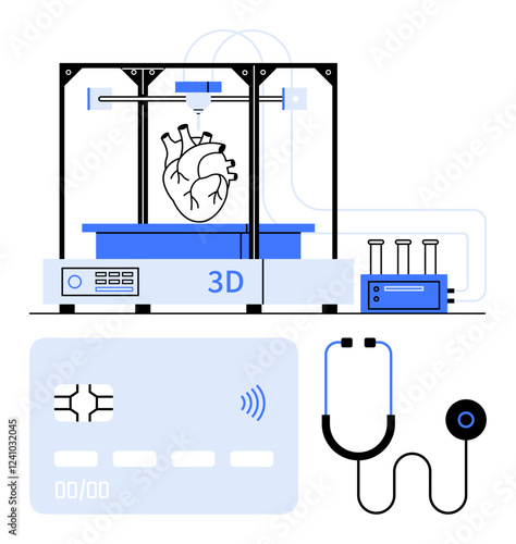 3D printing machine crafting a human heart with stethoscope, lab equipment, and a data card. Ideal for healthcare, technology, innovation, 3D printing, diagnostics, biotechnology abstract line flat