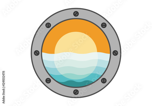 Ventana ojo de buey de un barco o crucero con vistas al mar al atardecer