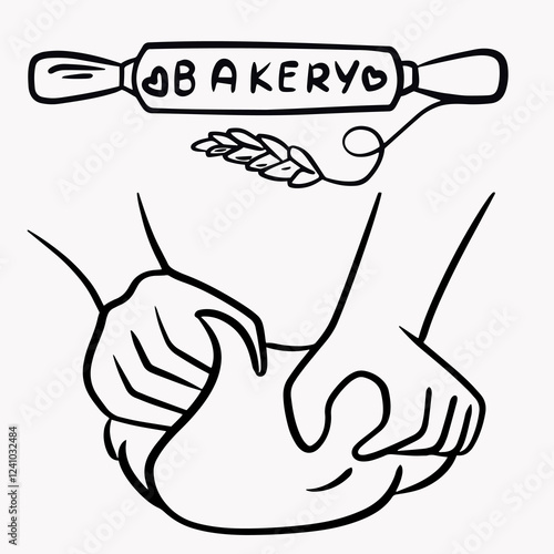 Hands kneading dough for buns, bread industry, lettering for bakery
