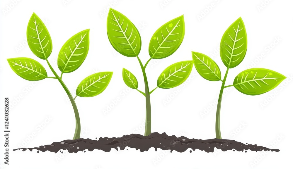 Three stylized sprouts emerge from dark brown soil, with vibrant green leaves against a pure white background. The pixelated art style gives a Three stylized sprouts emerge from dark brown soil, with vibrant green leaves against a pure white background. The pixelated art style gives a