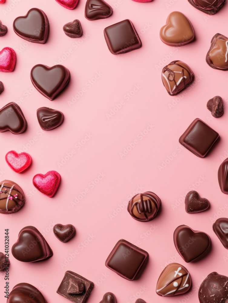 Fototapeta premium A Symphony of Hearts: A Delightful Collection of Exquisite Chocolate Hearts, Beautifully Displayed on a Pastel Pink Surface, Creating a Scene of Pure Romance and Sweet Indulgence