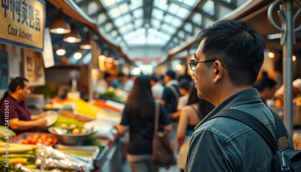 A traveler with a backpack walks through a bustling Asian street market. Vibrant stalls, fresh produce, and diverse crowd create an authentic urban shopping experience. A traveler with a backpack walks through a bustling Asian street market. Vibrant stalls, fresh produce, and diverse crowd create an authentic urban shopping experience.