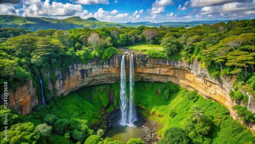 Chamarel Waterfall Lush Tropical Island Top View, scenic, vibrant, scenic, vibrant, atmospheric, tropical Chamarel Waterfall Lush Tropical Island Top View, scenic, vibrant, scenic, vibrant, atmospheric, tropical