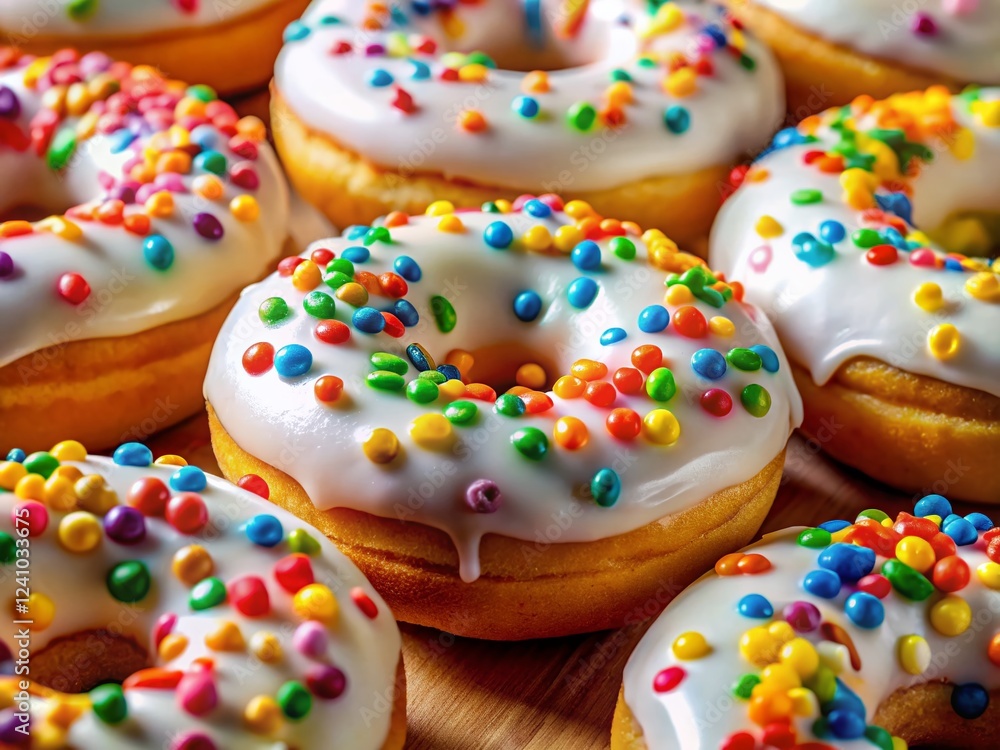 Delicious Glazed Donuts with Colorful Sprinkles and Pattern - Stock Photo Delicious Glazed Donuts with Colorful Sprinkles and Pattern - Stock Photo