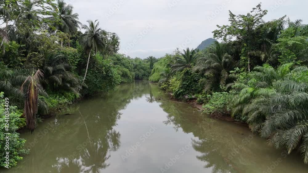Sao Tome and Principe - River and Tropical Forest With Pico Cao Grande. Scenic Jungle Landscape Reflected in Calm Water. Sao Tome and Principe - River and Tropical Forest With Pico Cao Grande. Scenic Jungle Landscape Reflected in Calm Water.
