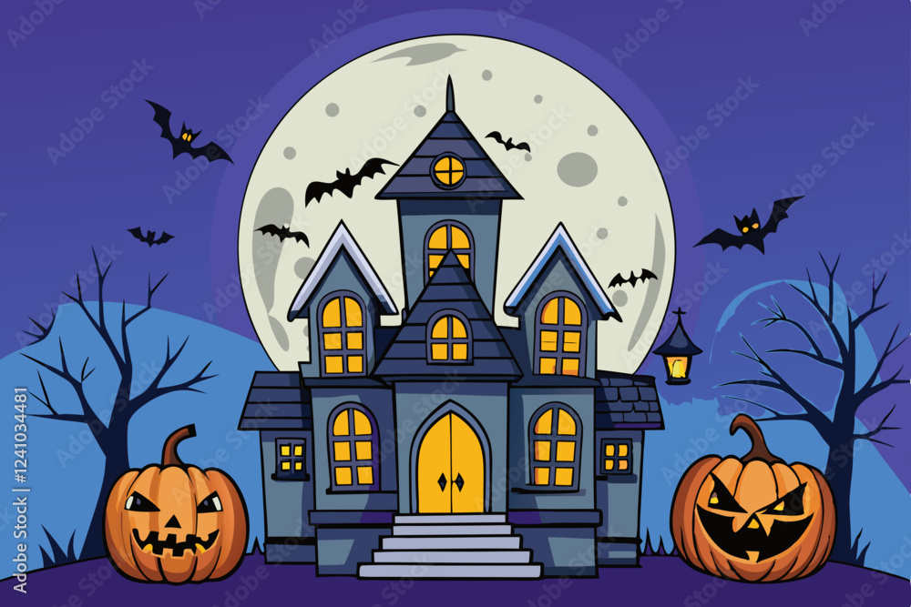 Fototapeta premium Haunted Cartoon Mansion Vector Illustration with Spooky Elements
