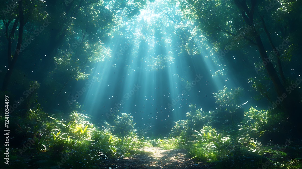 Naklejka premium Sunbeams illuminate forest path, magical background, nature scene