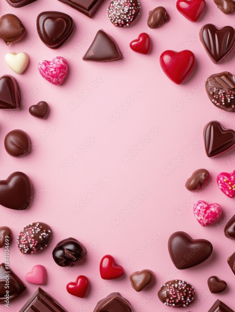 Fototapeta premium A Symphony of Hearts: A Delightful Collection of Exquisite Chocolate Hearts, Beautifully Displayed on a Pastel Pink Surface, Creating a Scene of Pure Romance and Sweet Indulgence