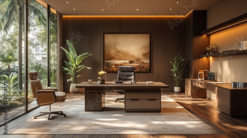 Wallpaper Mural A contemporary office with tawny-colored walls, dark wood furniture, neutral seating, soft warm lighting, and green plant accents for a cozy yet modern design Torontodigital.ca