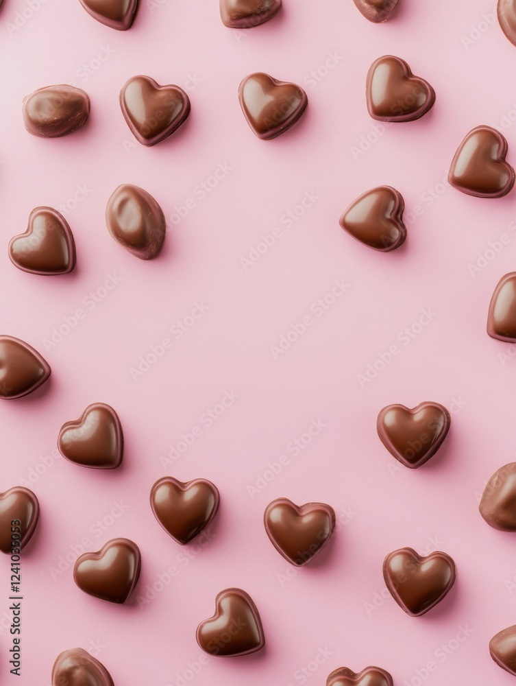 Fototapeta premium A Symphony of Hearts: A Delightful Collection of Exquisite Chocolate Hearts, Beautifully Displayed on a Pastel Pink Surface, Creating a Scene of Pure Romance and Sweet Indulgence