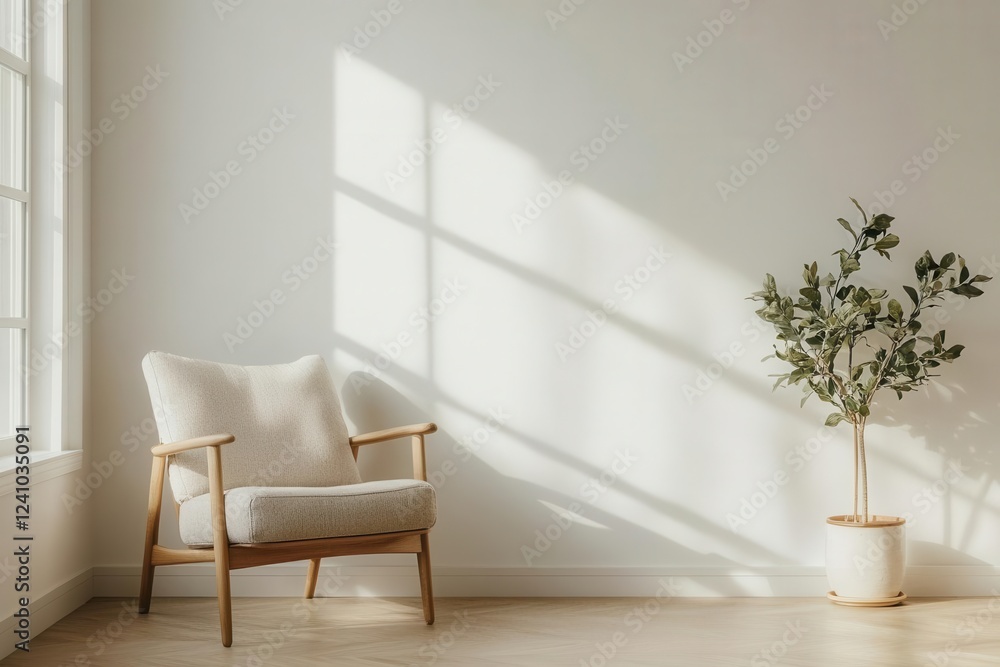 Fototapeta premium brightly lit living room interior featuring a cozy armchair against an empty white wall, creating a versatile space that invites relaxation and comfort, ideal for design inspiration