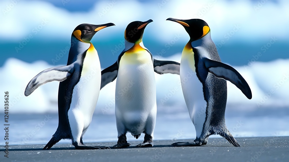 Fototapeta premium Three emperor penguins standing together on snowy beach against blurred blue sky background, displaying social behavior and natural habitat in Antarctica.