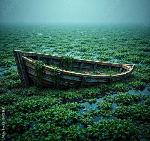 Weathered wooden hull partially submerged in seaweed, weathered wood, seaweed covered photo