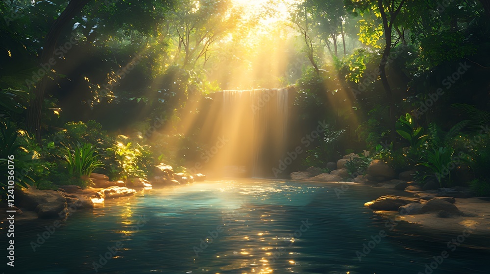 Obraz premium Sunlit Waterfall Jungle Pool, Tropical Paradise