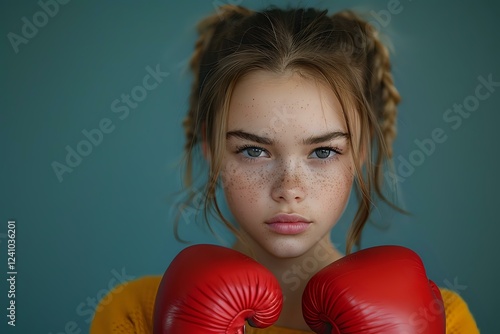 Young female athlete with freckles and braided hair wearing yellow sweater and red boxing gloves poses against turquoise background in dramatic portrait. photo