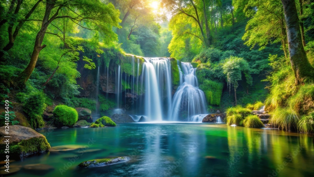 Naklejka premium waterfall surrounded by lush greenery with cascading water in a serene forest environment