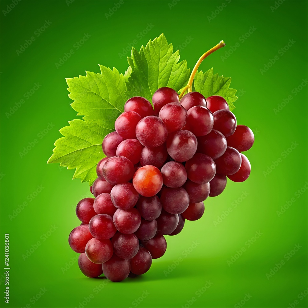 Fototapeta premium Fresh Red Grape Bunch with Green Leaves on Vibrant Background