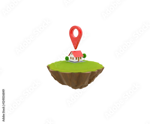 Real estate location, house with a map pin on a floating plot of land isolated on transparent or white background  photo