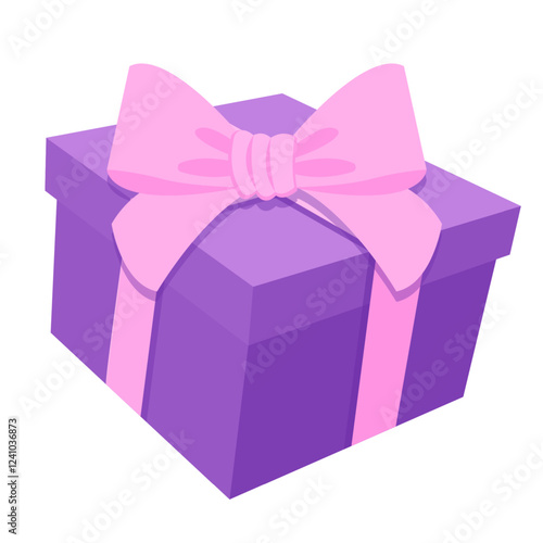 Purple present gift box with girlish pink ribbon cartoon illustration image