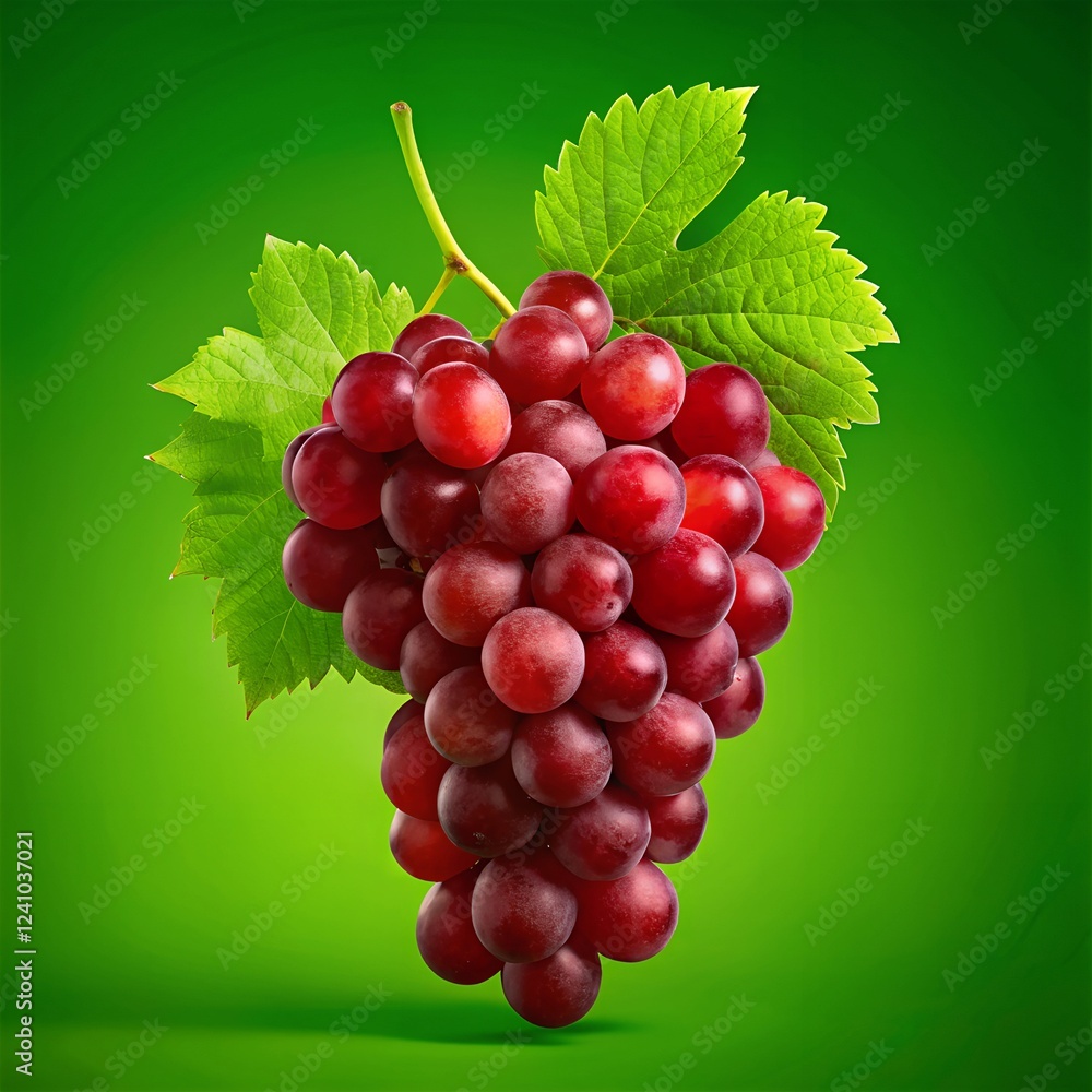 Fototapeta premium Fresh Red Grape Bunch with Green Leaves on Vibrant Background