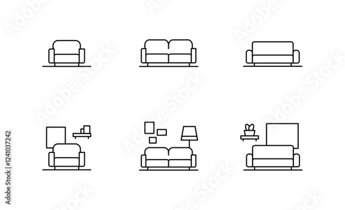 Set of Sofa icon and Living room Symbol Outline icon, Editable Stroke
