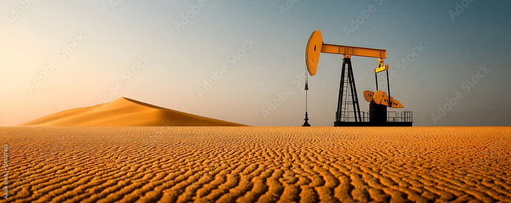 Fototapeta premium Oil pumpjack stands prominently against a vast desert landscape at sunset. 