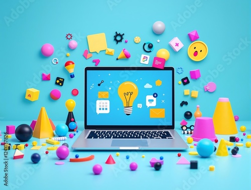 Creative digital marketing concept with laptop and colorful shapes.