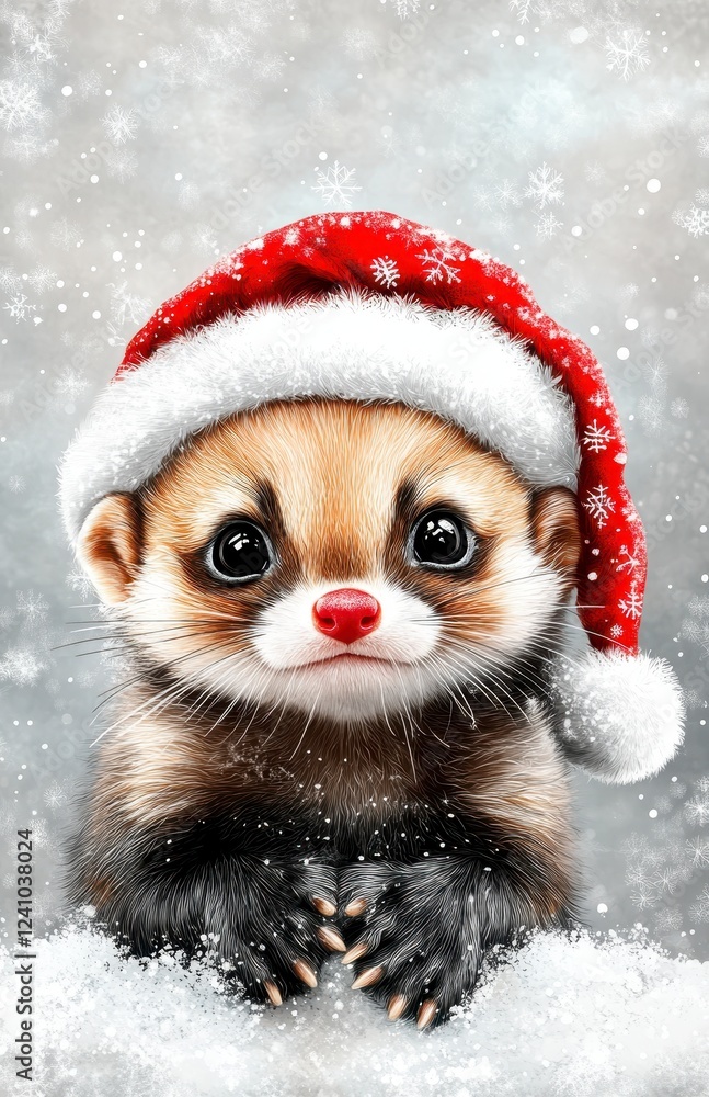 Cute illustration of a small mammal wearing a red holiday hat, sitting in snow, with snowflakes falling around it; soft, warm, and adorable Cute illustration of a small mammal wearing a red holiday hat, sitting in snow, with snowflakes falling around it; soft, warm, and adorable