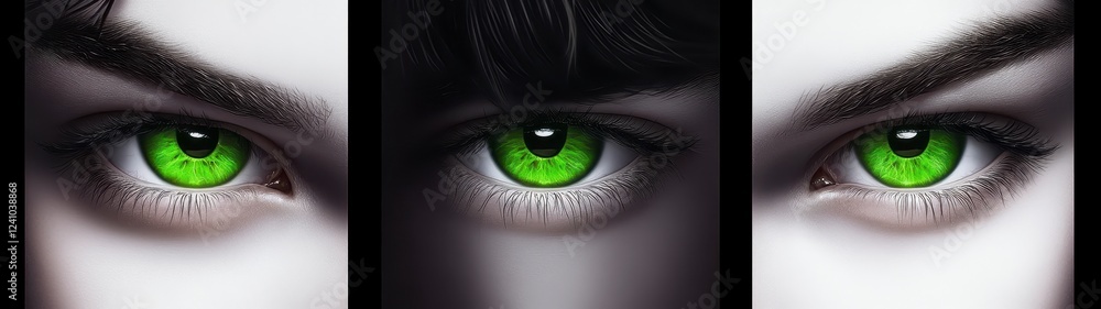 Fototapeta premium Close up view of three human eyes, intense and captivating, featuring vibrant green irises. The image evokes a sense of mystery and intrigue