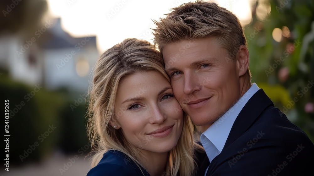 Close up portrait of a couple, smiling warmly and looking directly at the camera. The woman has blonde hair and freckles, while the man has light Close up portrait of a couple, smiling warmly and looking directly at the camera. The woman has blonde hair and freckles, while the man has light